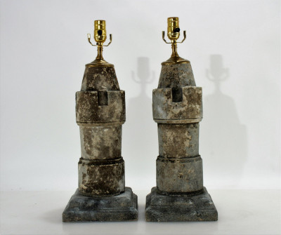 Pair Rook Shaped Stone Lamps