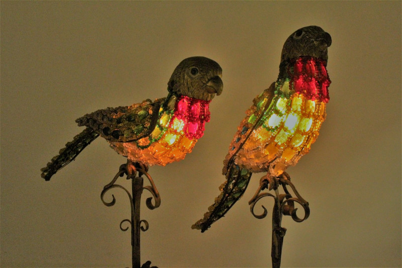 Pair Victorian Glass & Brass Parakeet Lamps
