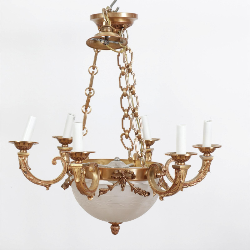 Classical Style Brass & Etched Glass Chandelier