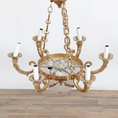 Classical Style Brass & Etched Glass Chandelier