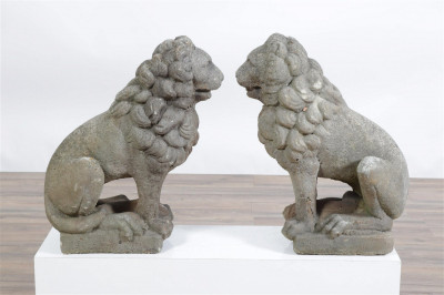 Early 20th C. Pr. of Small Cast Stone Seated Lions