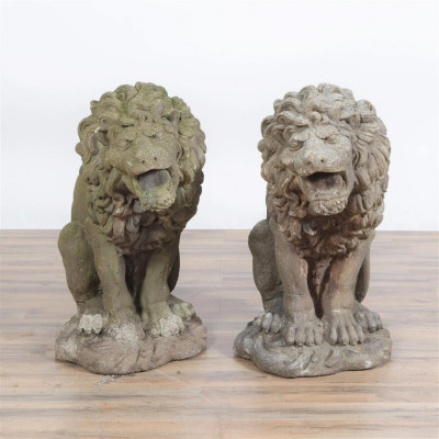 Early 20th C. Pr. Large Cast Stone Seated Lions