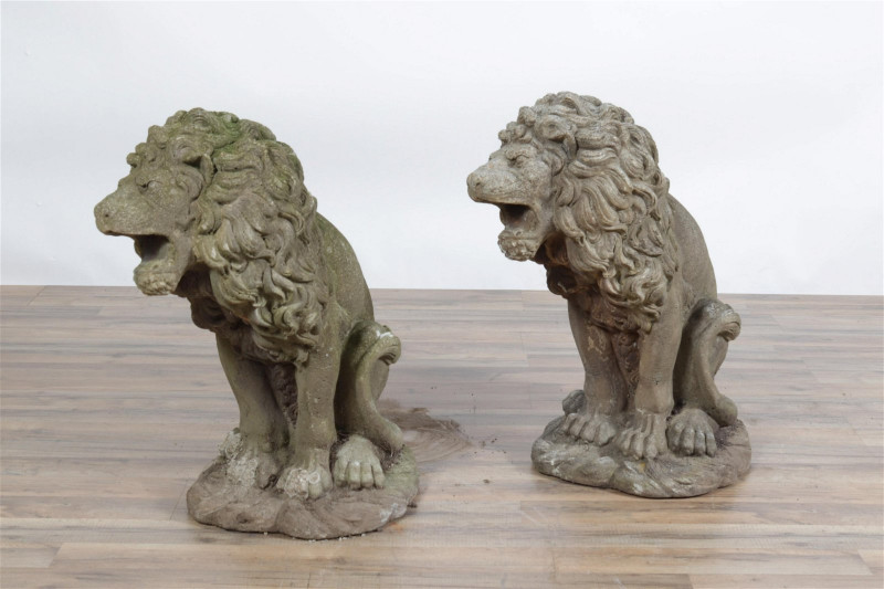 Early 20th C. Pr. Large Cast Stone Seated Lions
