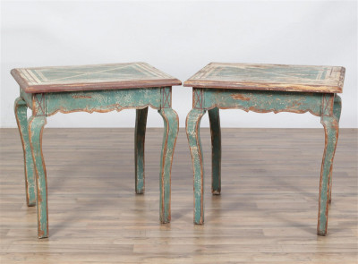 Pair Rococo Style Green Painted Side Tables