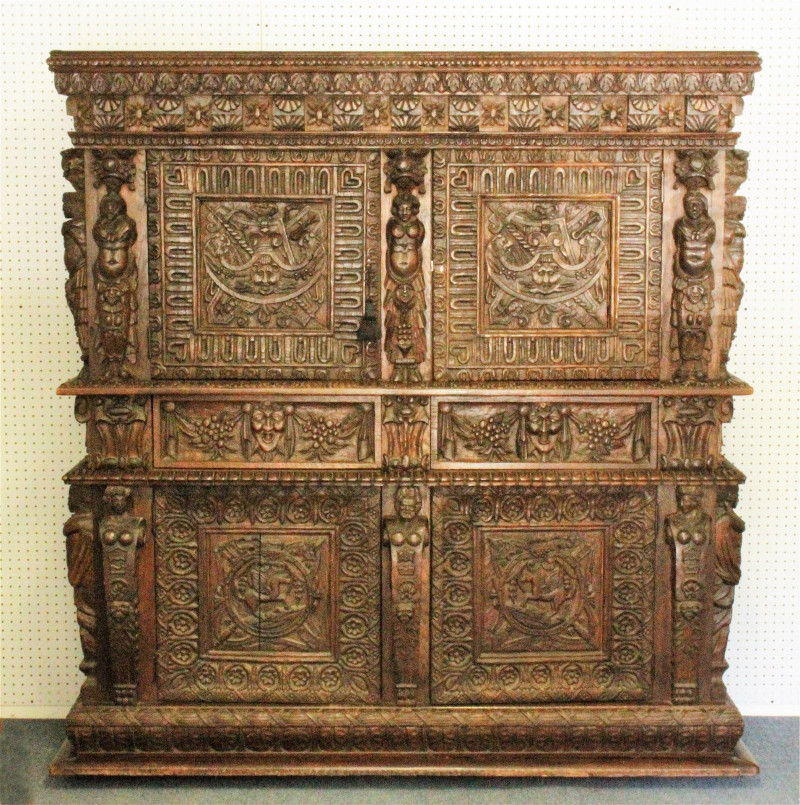 English Oak Jacobean Carved Cabinet c.1850