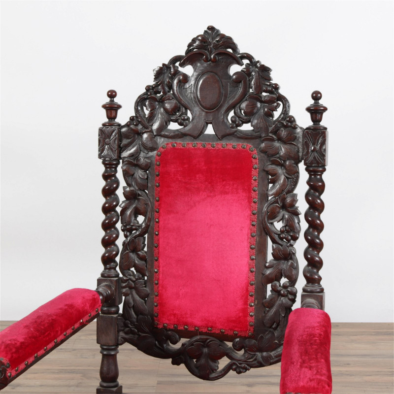Pr Renaissance Revival Oak Throne Chairs, 19/20 C.