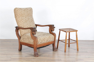 American Victorian Oak Reclining Armchair & Stool
