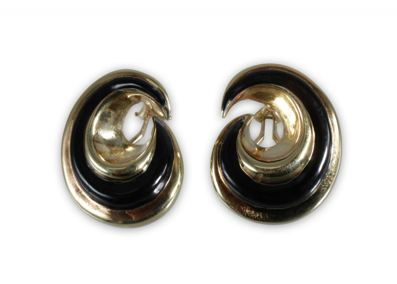 Pair of 14K Gold & Black Enamel Swirl Earrings