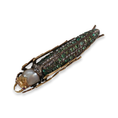 Antique Diamond and Emerald Grasshopper Brooch
