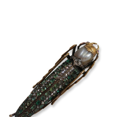 Antique Diamond and Emerald Grasshopper Brooch