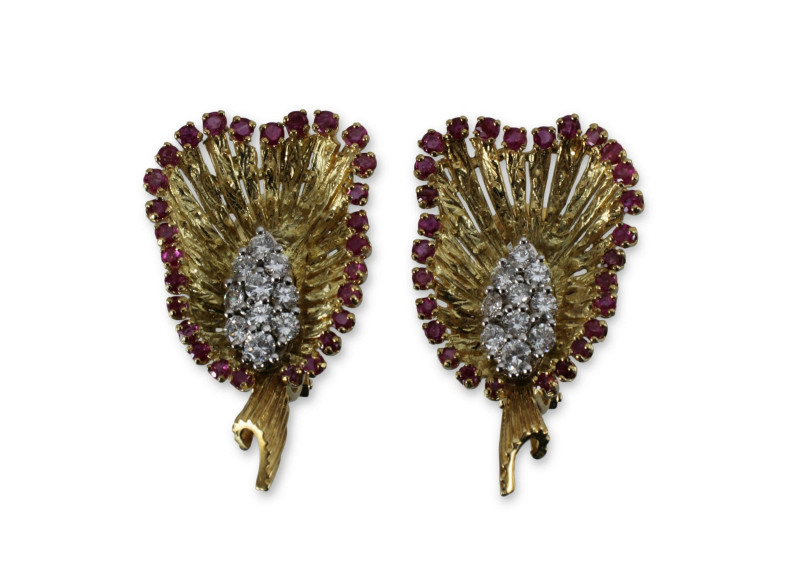 Diamond & Ruby Brooch and Earring Suite