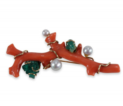 Image for Lot Coral and Emerald Brooch