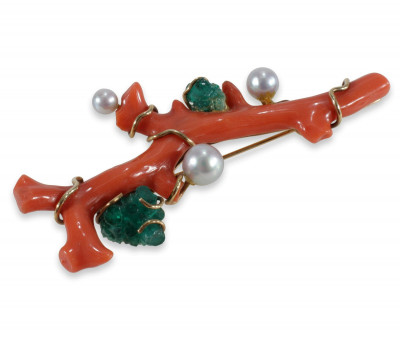 Coral and Emerald Brooch