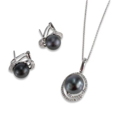 Image for Lot Tahitian Pearl & Diamond Earring, Necklace Suite