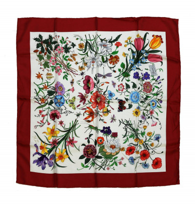 Image for Lot Gucci Red Floral Twill Silk Scarf