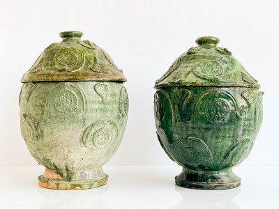 Image for Lot Two Similar Chinese Green Glazed Lidded Ceramic Vessels