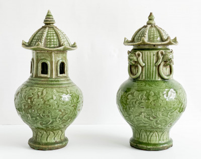 Image for Lot Two Chinese Celadon Glazed Ceramic Pagoda Form Vessels and Covers