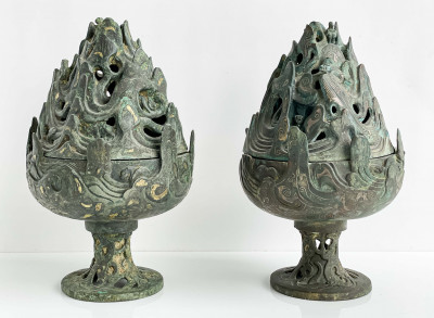 Image for Lot Pair of Chinese Inlaid Bronze Mountain Form Censers and Covers, Boshanlu