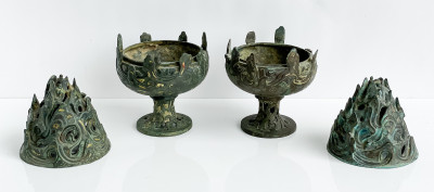 Pair of Chinese Inlaid Bronze Mountain Form Censers and Covers, Boshanlu