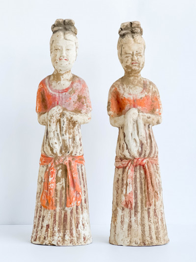 Image for Lot Pair of Chinese Painted Pottery Figures of Court Ladies