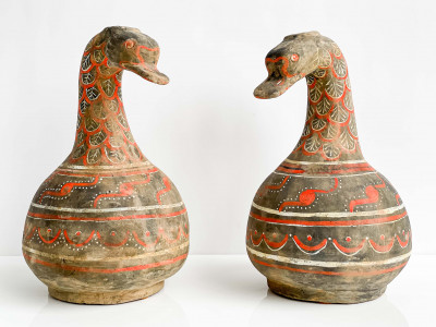 Image for Lot Pair of Chinese Painted Pottery Duck Form Pouring Vessels
