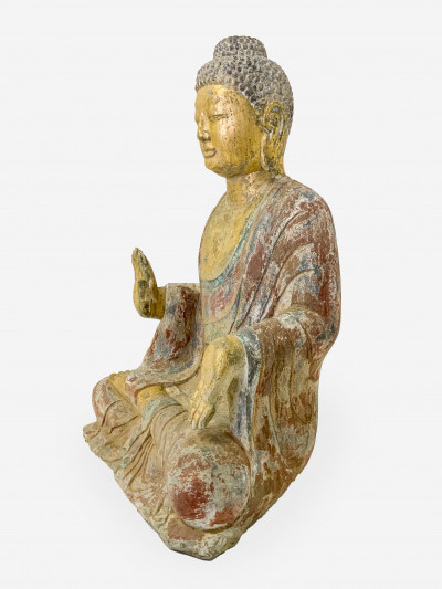 Large Chinese Parcel Gilt and Painted Stone Buddha