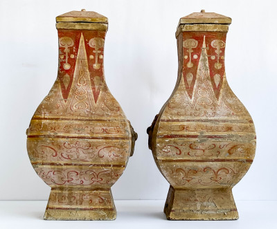 Pair of Chinese Painted Pottery Fanghu Form Vessels and Covers