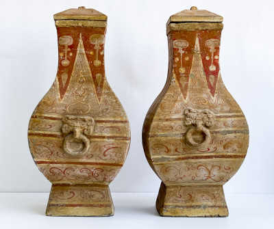 Pair of Chinese Painted Pottery Fanghu Form Vessels and Covers
