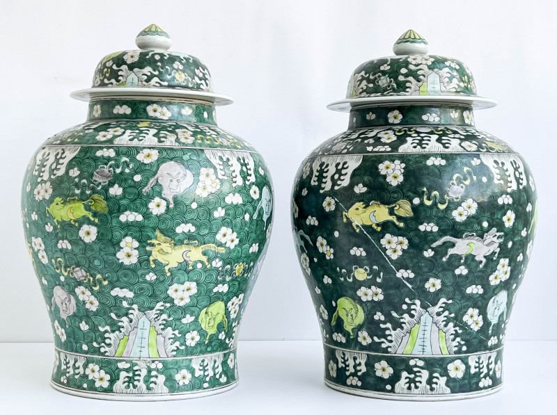Pair of Chinese Porcelain Famille Verte Baluster Jars and Covers