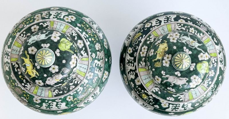 Pair of Chinese Porcelain Famille Verte Baluster Jars and Covers