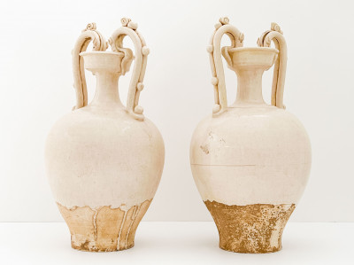 Pair of Chinese White Glazed Amphora with Dragon Form Handles