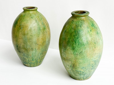 Pair of Chinese Green Glazed Pottery Ovoid Jars