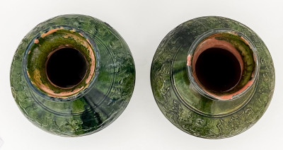 Pair of Chinese Green Glazed Ceramic Hu Form Vessels