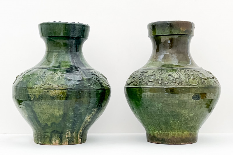 Pair of Chinese Green Glazed Ceramic Hu Form Vessels