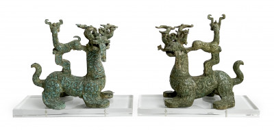 Image for Lot Pair of Chinese Inlaid Bronze Figures of Dragons