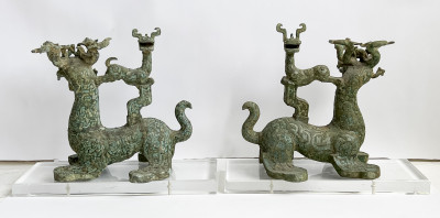 Pair of Chinese Inlaid Bronze Figures of Dragons