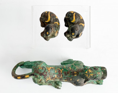 Three Chinese Gold Inlaid Bronze Figures of Lions