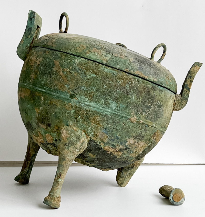 Chinese Bronze Tripod Ding Form Vessel and Cover