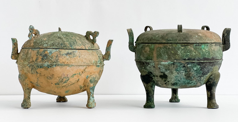Two Chinese Bronze Tripod Vessels and Covers, Ding