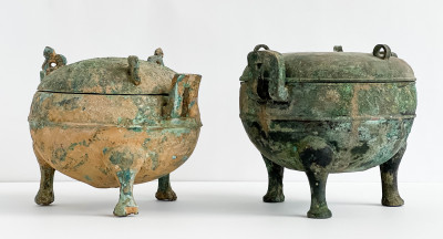 Two Chinese Bronze Tripod Vessels and Covers, Ding