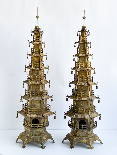 Image for Lot Pair of Chinese Gilt Metal Models of Pagodas