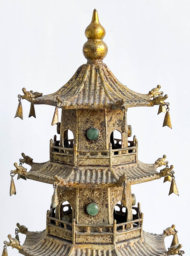 Chinese Hardstone Inlaid and Gilt Metal Model of a Pagoda