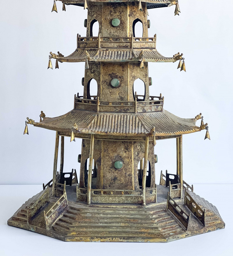 Chinese Hardstone Inlaid and Gilt Metal Model of a Pagoda