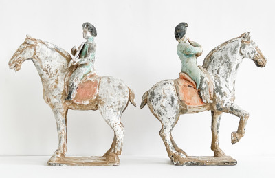 Pair of Chinese Painted Pottery Equestrian Musicians