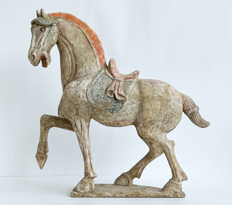 Chinese Painted Pottery Figure of a Prancing Horse