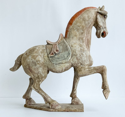 Chinese Painted Pottery Figure of a Prancing Horse