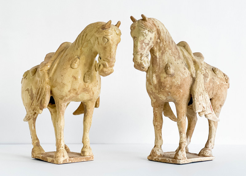 Pair of Chinese Straw Glazed Pottery Caparisoned Horses