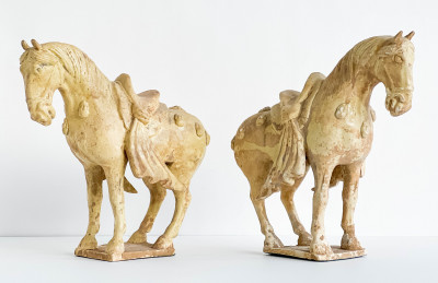 Pair of Chinese Straw Glazed Pottery Caparisoned Horses