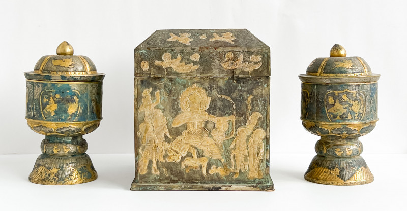 Chinese Parcel Gilt Metal Box and a Pair of Metal Urns