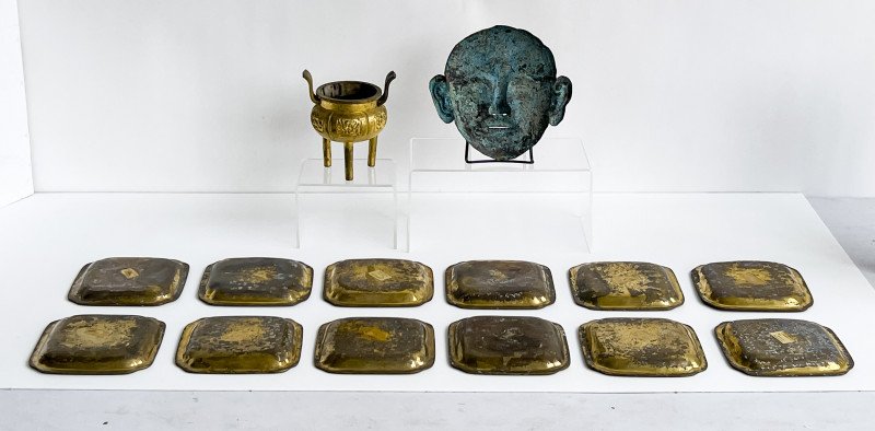 Chinese Hammered Gilt Metal Funerary Mask and Other Metal Objects